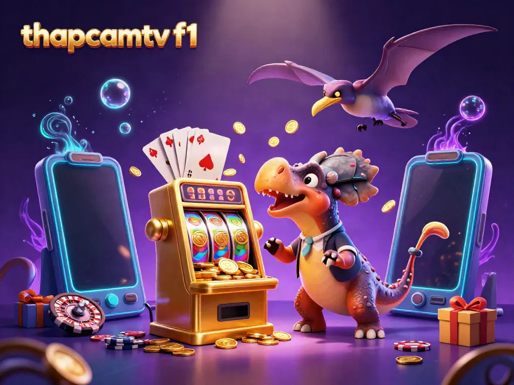 Experience the thrill of thapcamtv f1 with a colorful digital casino scene featuring a pachycephalosaurus winning jackpot coins.