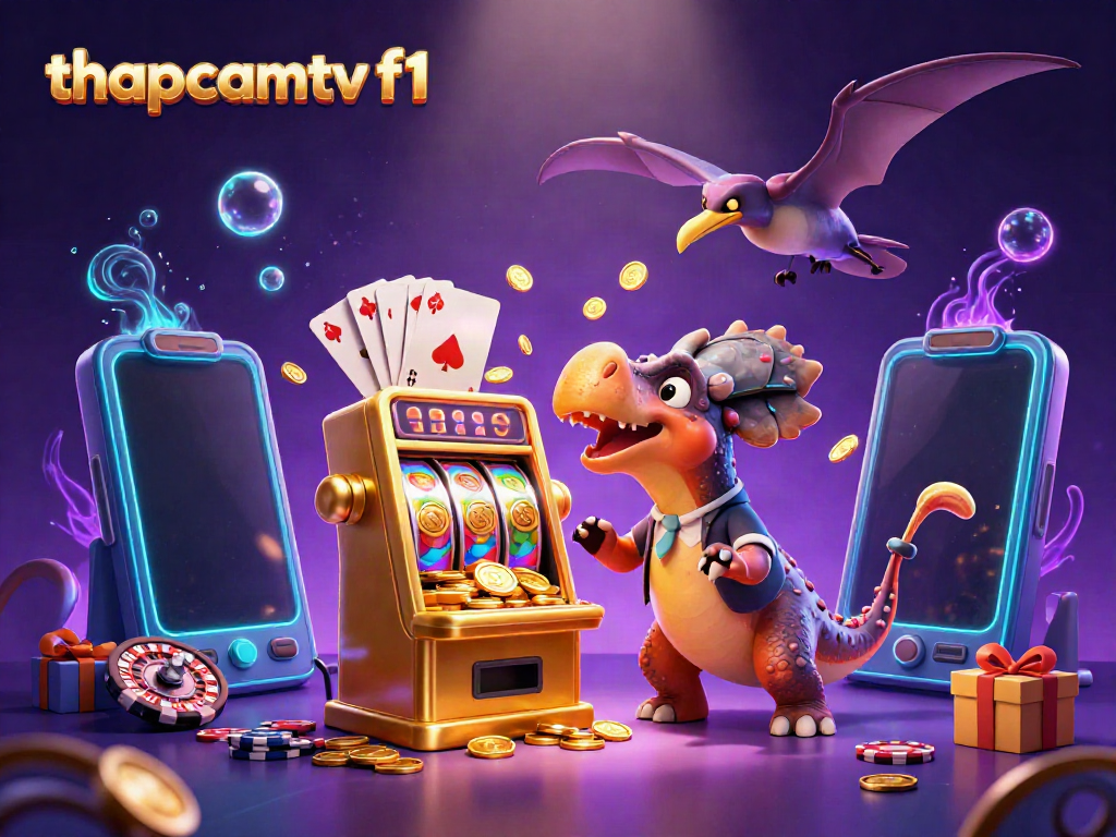 Experience the thrill of thapcamtv f1 with a colorful digital casino scene featuring a pachycephalosaurus winning jackpot coins.
