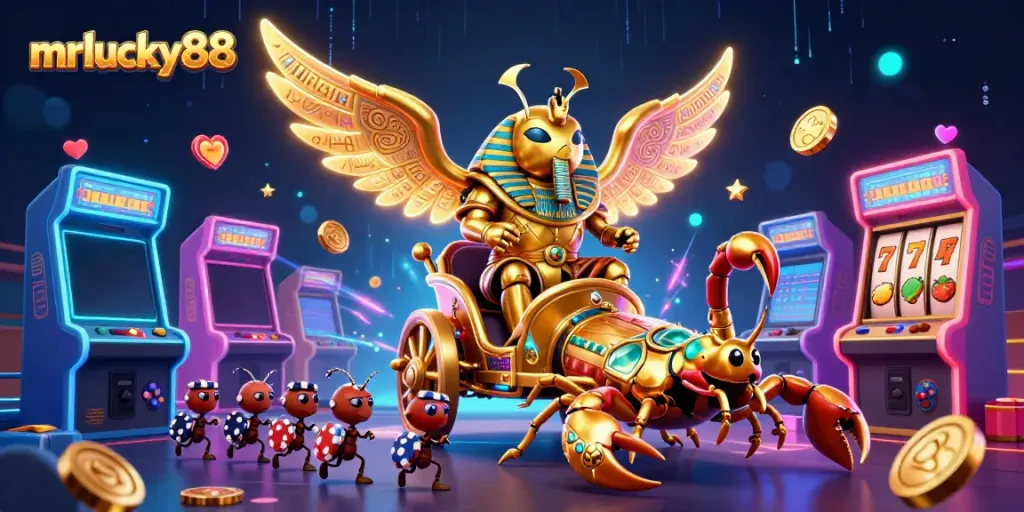 Experience winning action at mrlucky88, where a colossal golden scarab beetle leads a thrilling casino adventure.