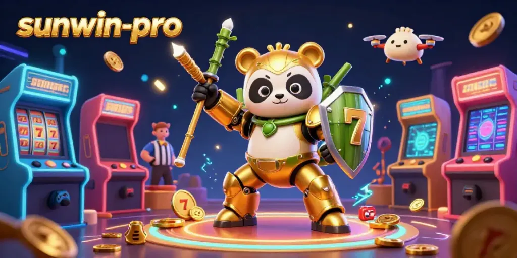 Experience thrilling gameplay with sunwin-pro's vibrant slots and animated panda in a lively casino scene.