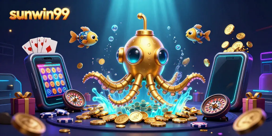 Engage in thrilling gameplay featuring sunwin99's golden kraken submarine surfacing through coins.