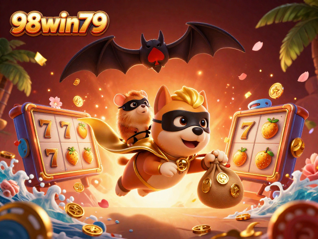 Engage in thrilling entertainment at 98win79 with a vibrant casino-themed illustration of a superhero dog!