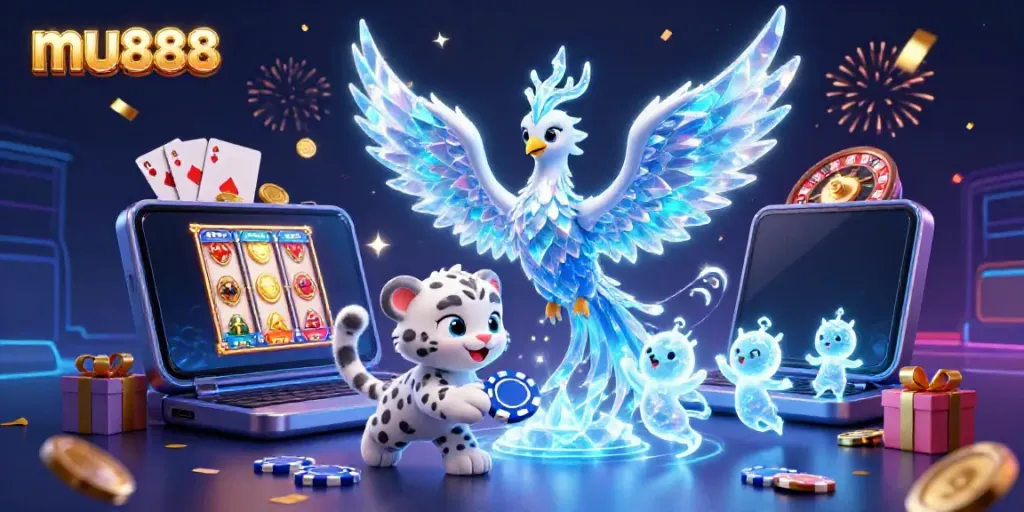 Experience vibrant gaming action with the mu888 phoenix and cub amidst dazzling casino elements.