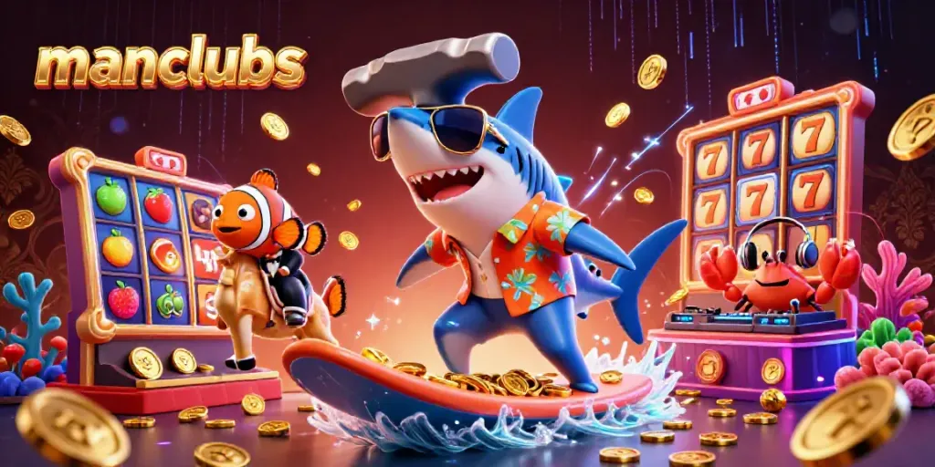 Engage with thrilling manclubs action featuring a shark surfing on gold coins surrounded by slot elements.