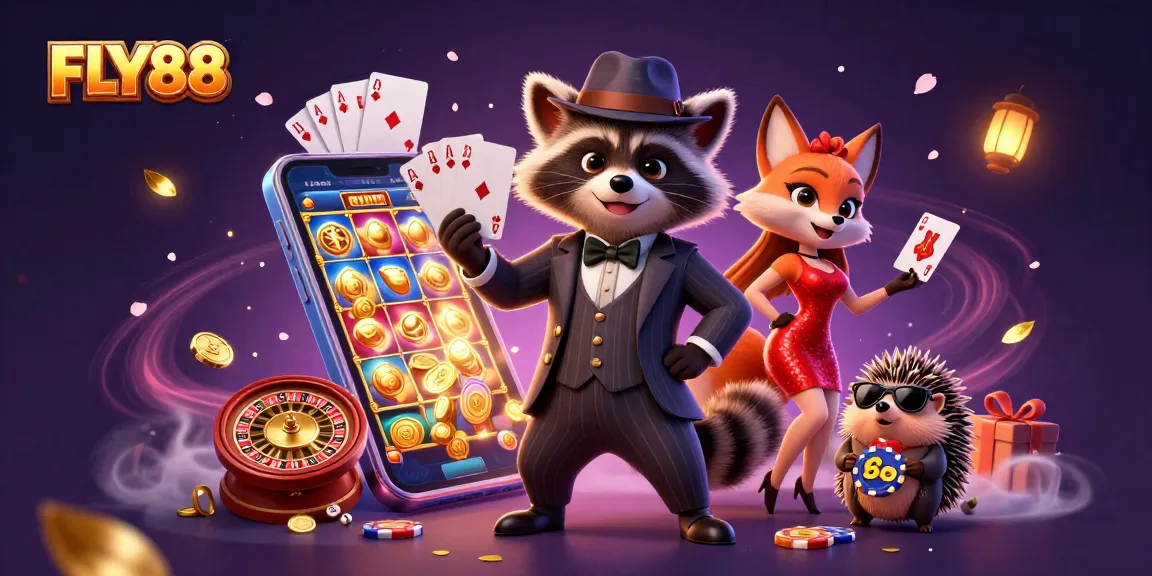 FLY88 interactive casino experience with raccoon gentleman holding a royal flush amidst vibrant game elements.