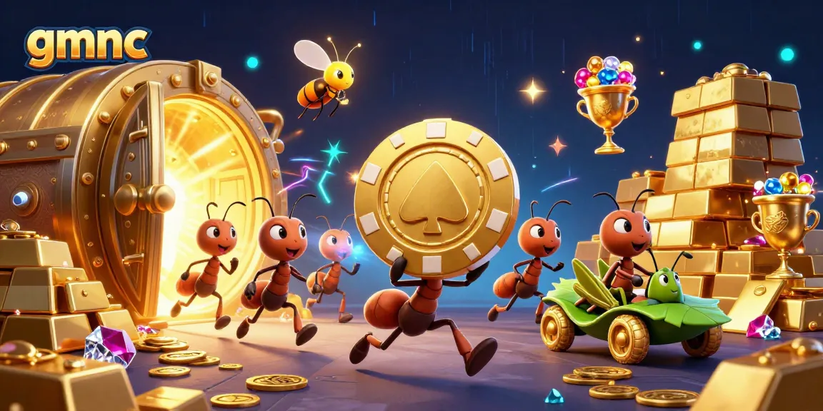 Experience gmnc's thrilling heist with cartoon ants carrying a giant poker chip, amidst treasures and dynamic energy.