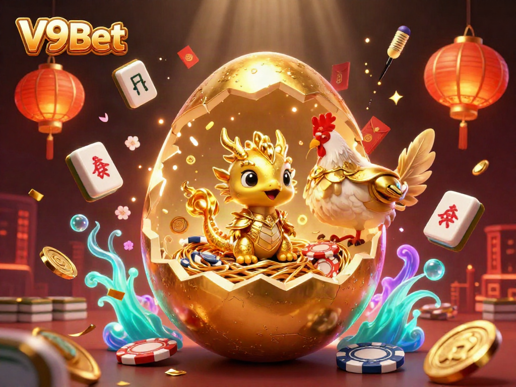 Engage with V9Bet's thrilling world through a golden dragon emerging from a poker chip nest amidst vibrant casino elements.