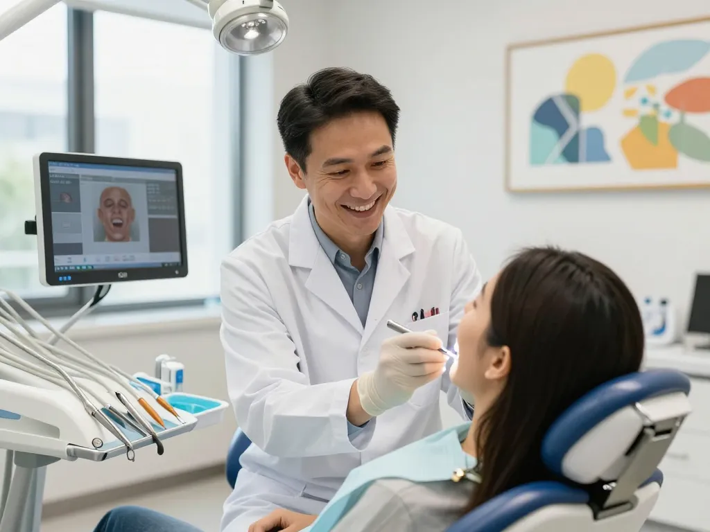 Welcoming dental clinic near me with a dentist examining a patient in a bright, friendly atmosphere.