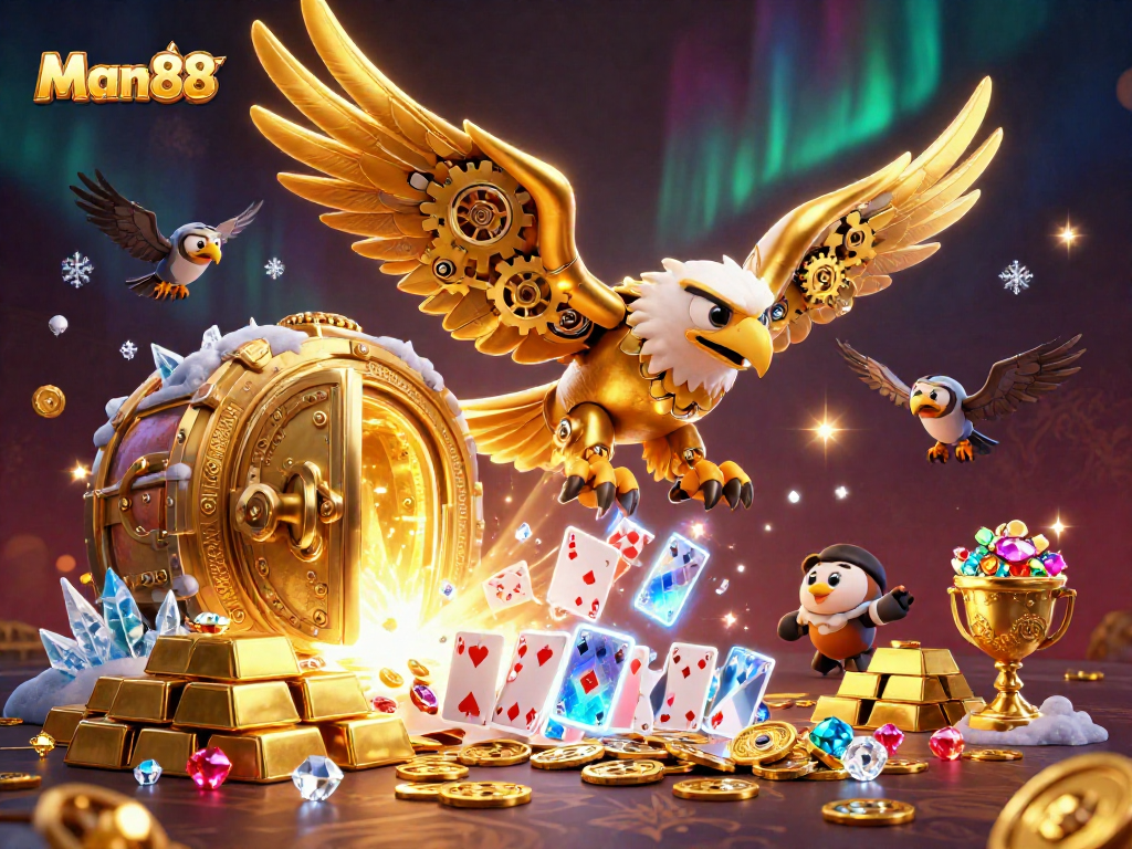 Experience big wins at Man88 with a dynamic 3D illustration of a golden eagle soaring through a cascade of playing cards.