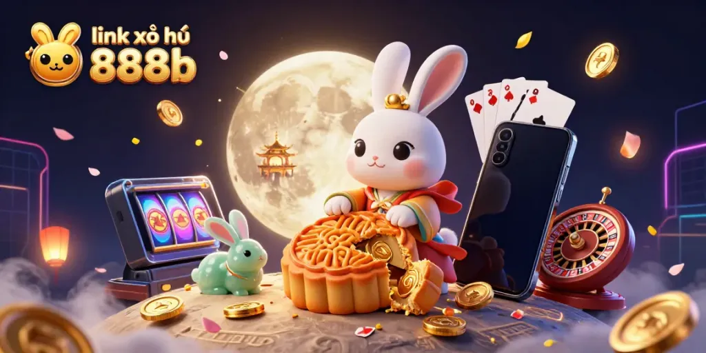 Play and win with link xổ số 888b, featuring a whimsical moon rabbit in a vibrant casino scene.