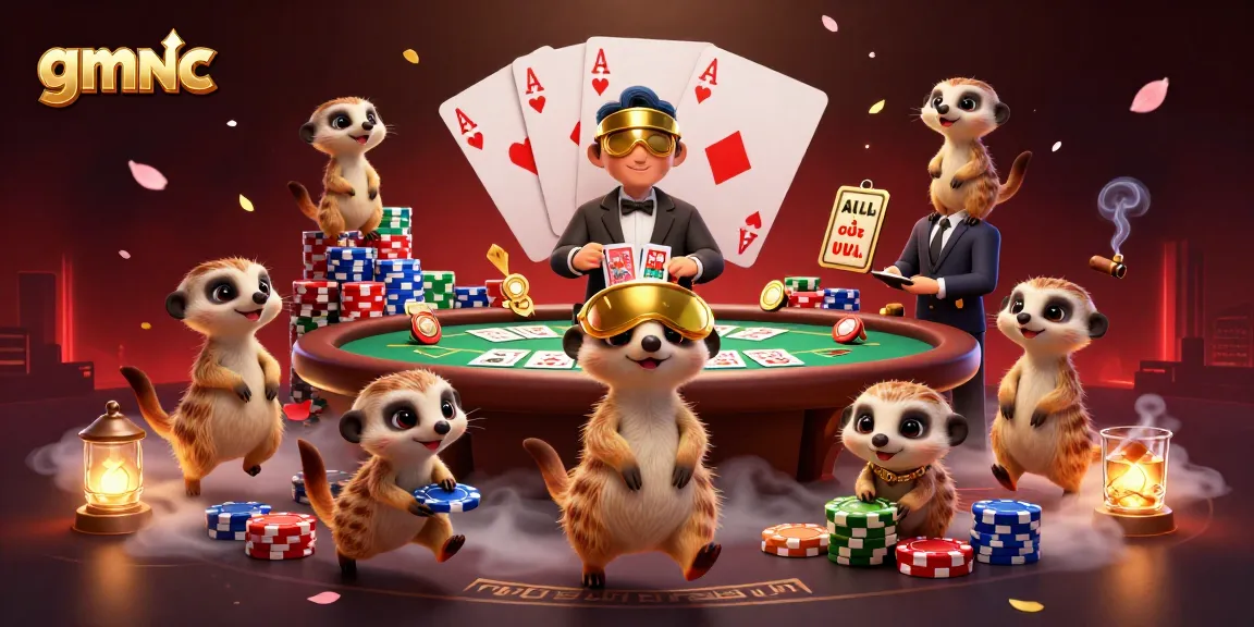 Experience gmnc's thrilling casino world with meerkats managing poker, embodying excitement and strategic wins.