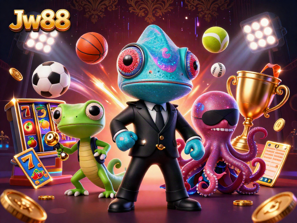 Experience the thrill of Jw88 slots with dynamic 3D characters and casino elements in an engaging scene.
