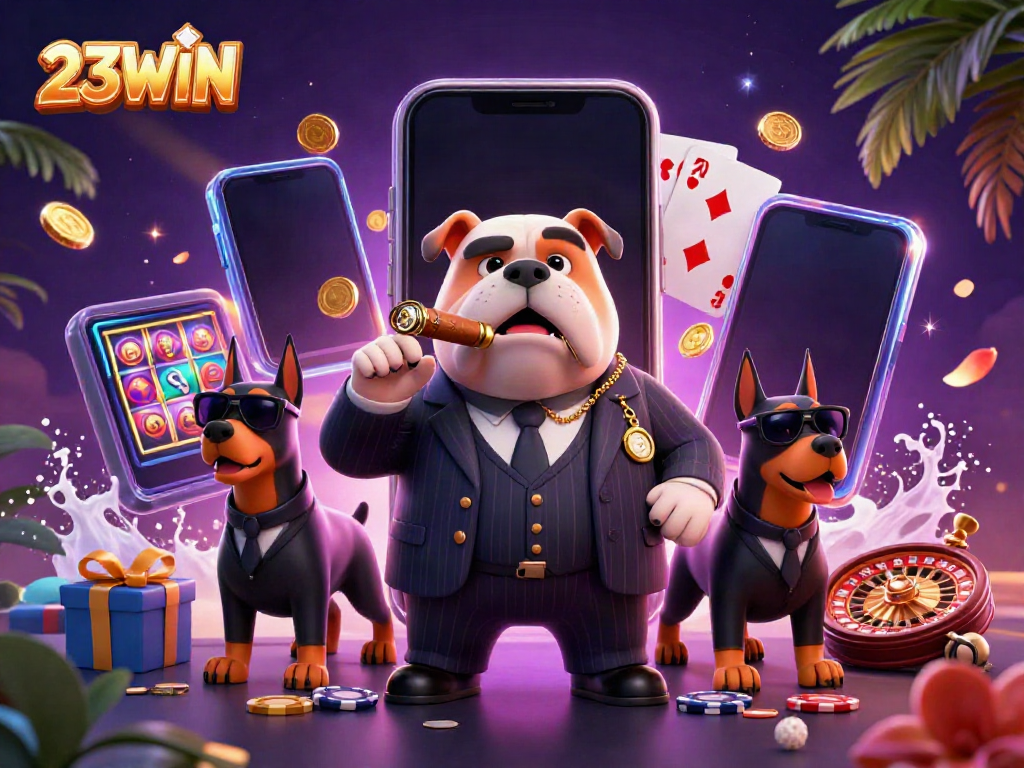 Experience 23WIN's thrilling casino atmosphere with a 3D mafia boss and luxurious gaming elements.
