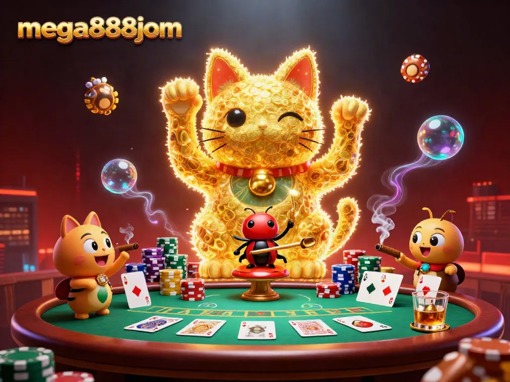 Experience mega888jom's magical lucky cat at an energetic casino scene full of vibrant game elements.