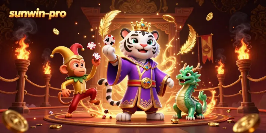 Win big with sunwin-pro, featuring a royal tiger and playful monkey amidst casino elements.