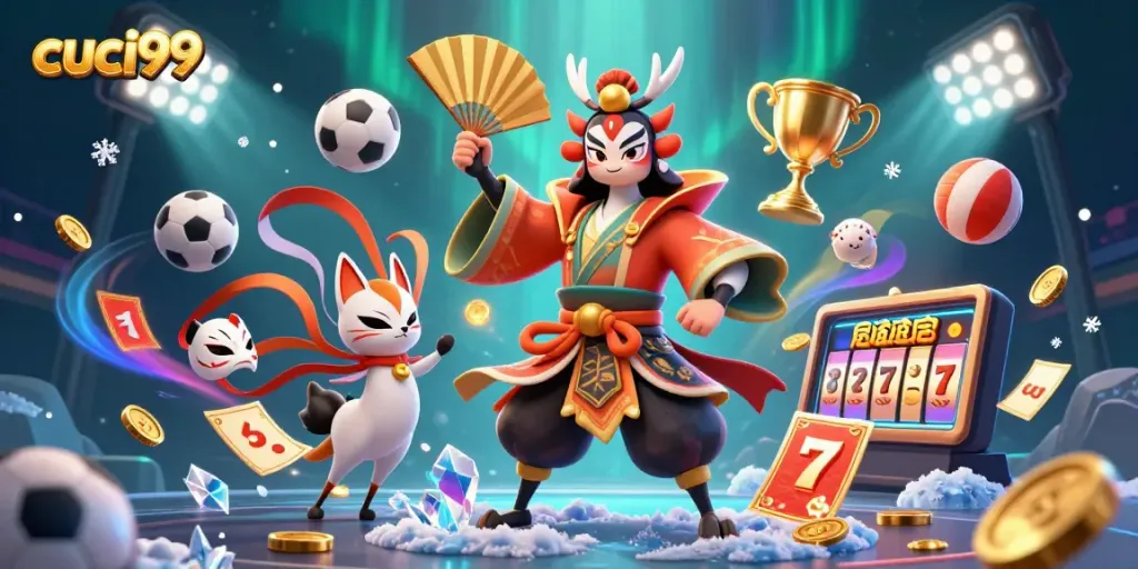 Experience the excitement of cuci99, featuring a kabuki warrior amidst vibrant gambling elements and sports