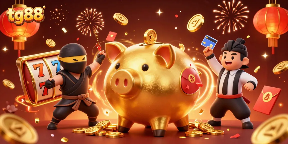 Play slots at tg88 and enjoy a lively 3D carnival with gold coins pouring everywhere and festive characters.