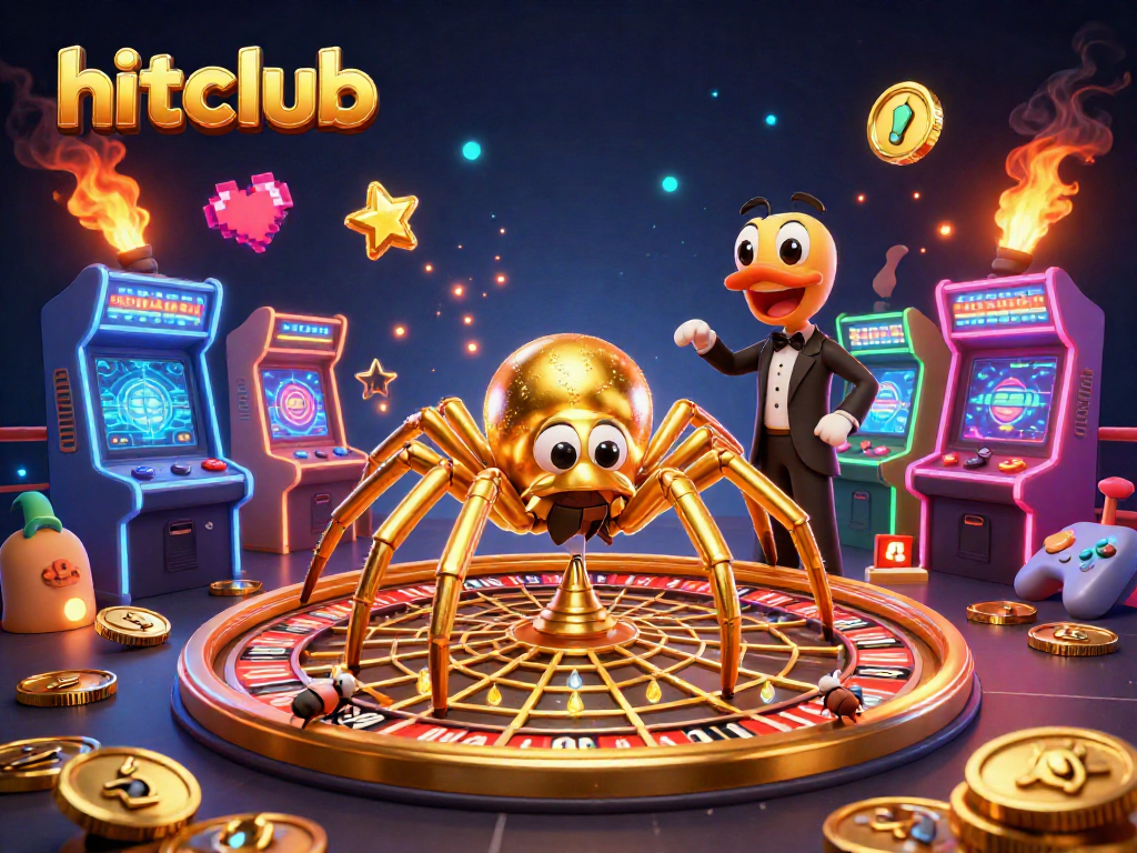 Place bets at hitclub with a golden spider and centipede croupier in a vibrant casino scene.
