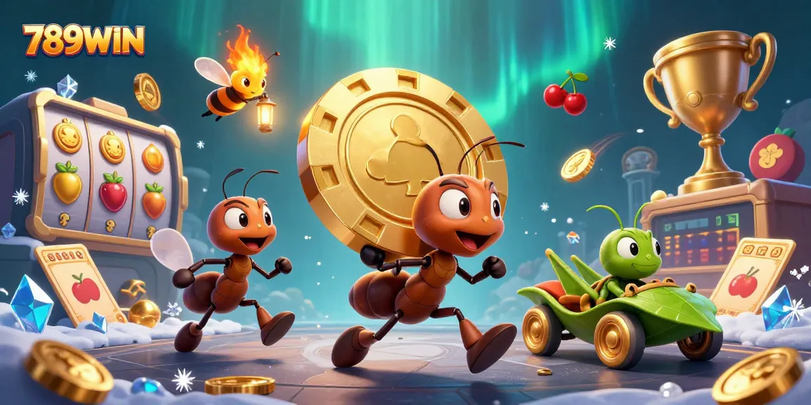 Engage with 789WIN through a vibrant heist-themed illustration featuring animated ants and gaming elements.