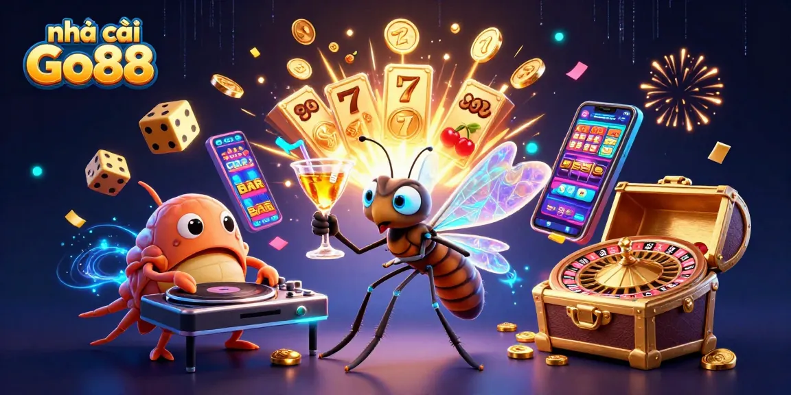 Engage with nhà cái Go88, featuring a dynamic casino scene with characters, jackpots, and vibrant gaming elements.