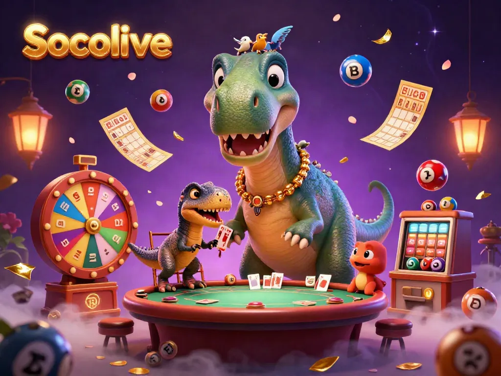 Socolive engages players with a dynamic casino scene featuring a brontosaurus and raptor dealing cards.