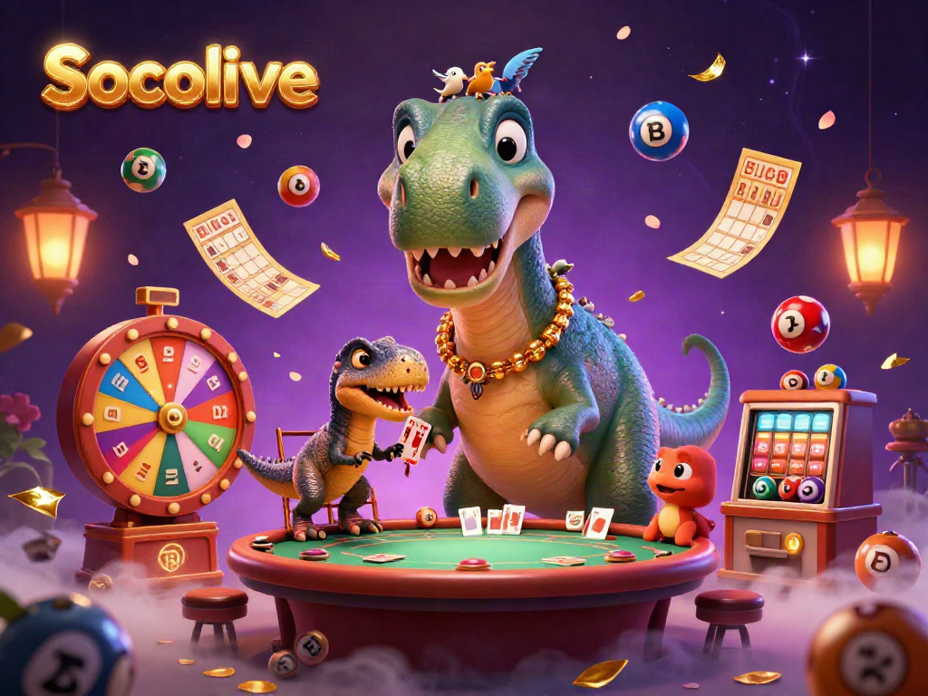 Socolive engages players with a dynamic casino scene featuring a brontosaurus and raptor dealing cards.