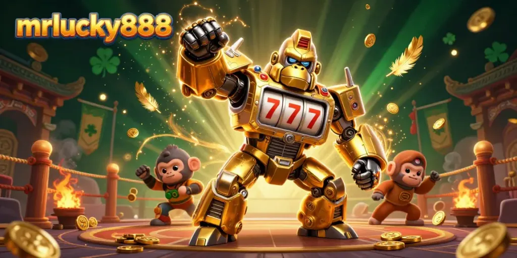 Engage in action at mrlucky888 with the ultimate mechanical gorilla and coin explosions in 3D