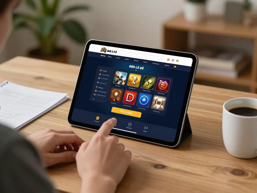 Engaging with the đánh lô đề online platform on a tablet in a cozy home office setup, highlighting user experience.