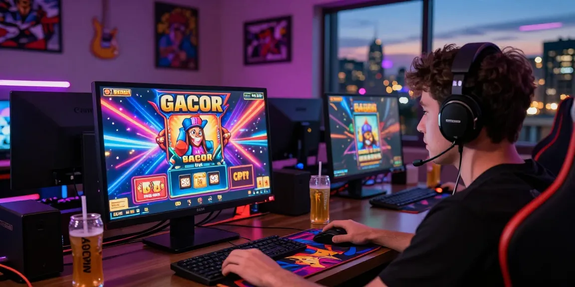 A player engaging with a slot gacor game on a vibrant computer screen, surrounded by gaming accessories in an exciting atmosphere.
