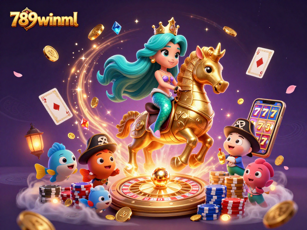 Experience thrilling wins at 789winml with vibrant casino-themed characters and golden treasures.