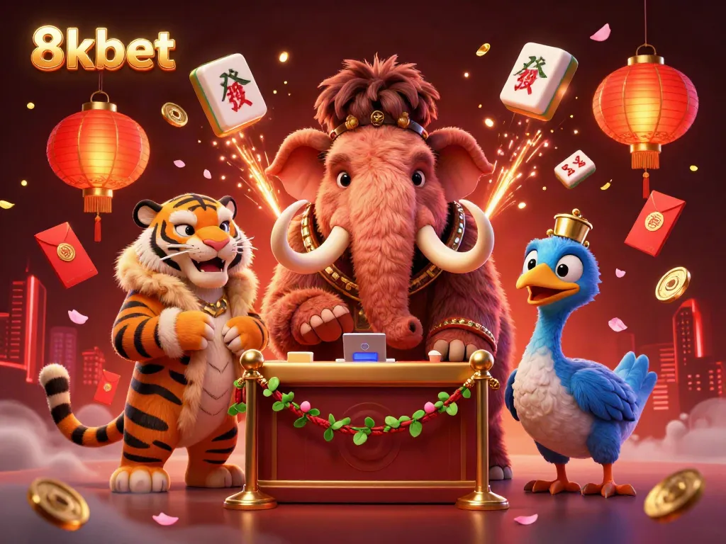 Experience the excitement of 8kbet casino with a vibrant illustration featuring a whimsical mammoth bouncer, a stylish tiger VIP, and a dodo doorman.