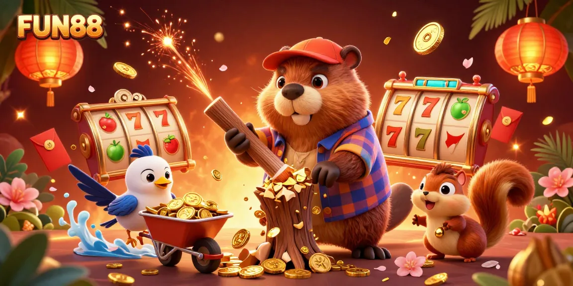 Experience thrilling slots action with FUN88 in this vibrant casino scene featuring golden coins and excitement.
