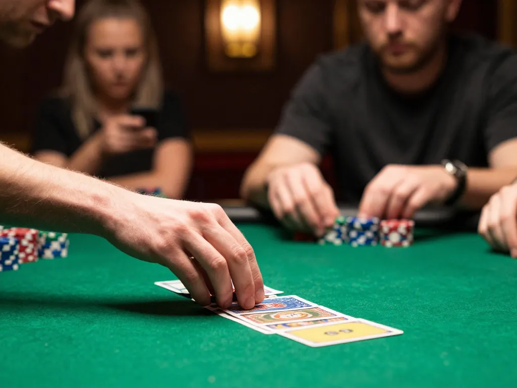 Topgamebai player making strategic bets at a poker table with colorful chips.