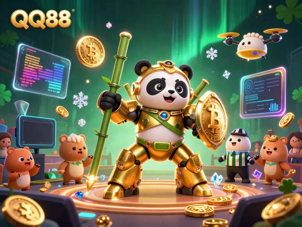 QQ88's golden panda mech robot battles in a lively arena, showcasing vibrant crypto elements.