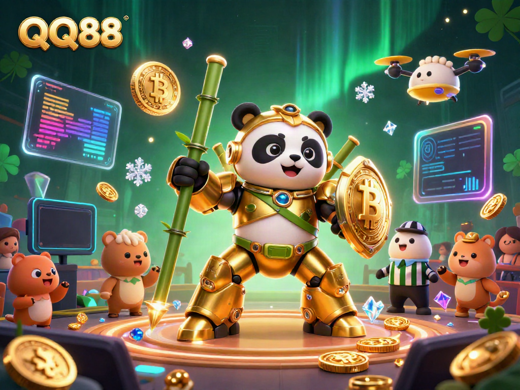 QQ88's golden panda mech robot battles in a lively arena, showcasing vibrant crypto elements.