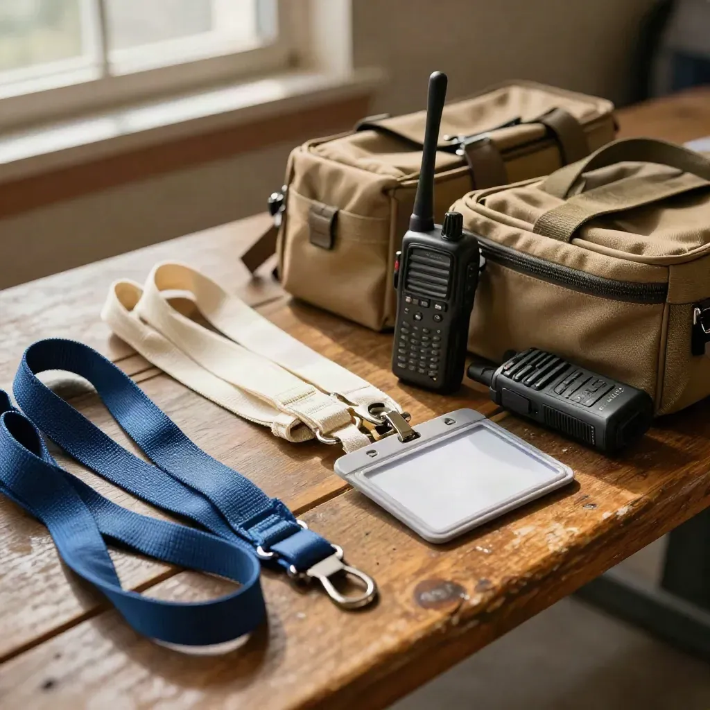 Peralatan koordinasi sukarelawan tersusun di bangku dewan komuniti, dengan lanyard biru dan walkie-talkie