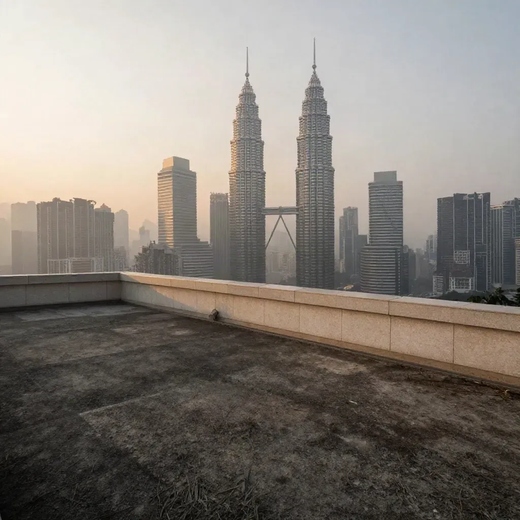 Garis langit Kuala Lumpur berkabus dengan Menara Petronas dari puncak bukit.