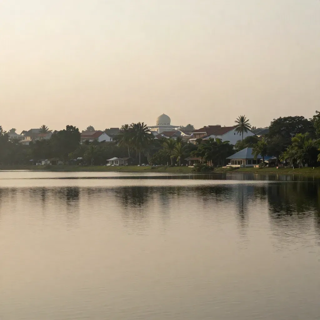 Tasik tenang di Selangor Tengah dengan siluet masjid dan palma pada cahaya petang.
