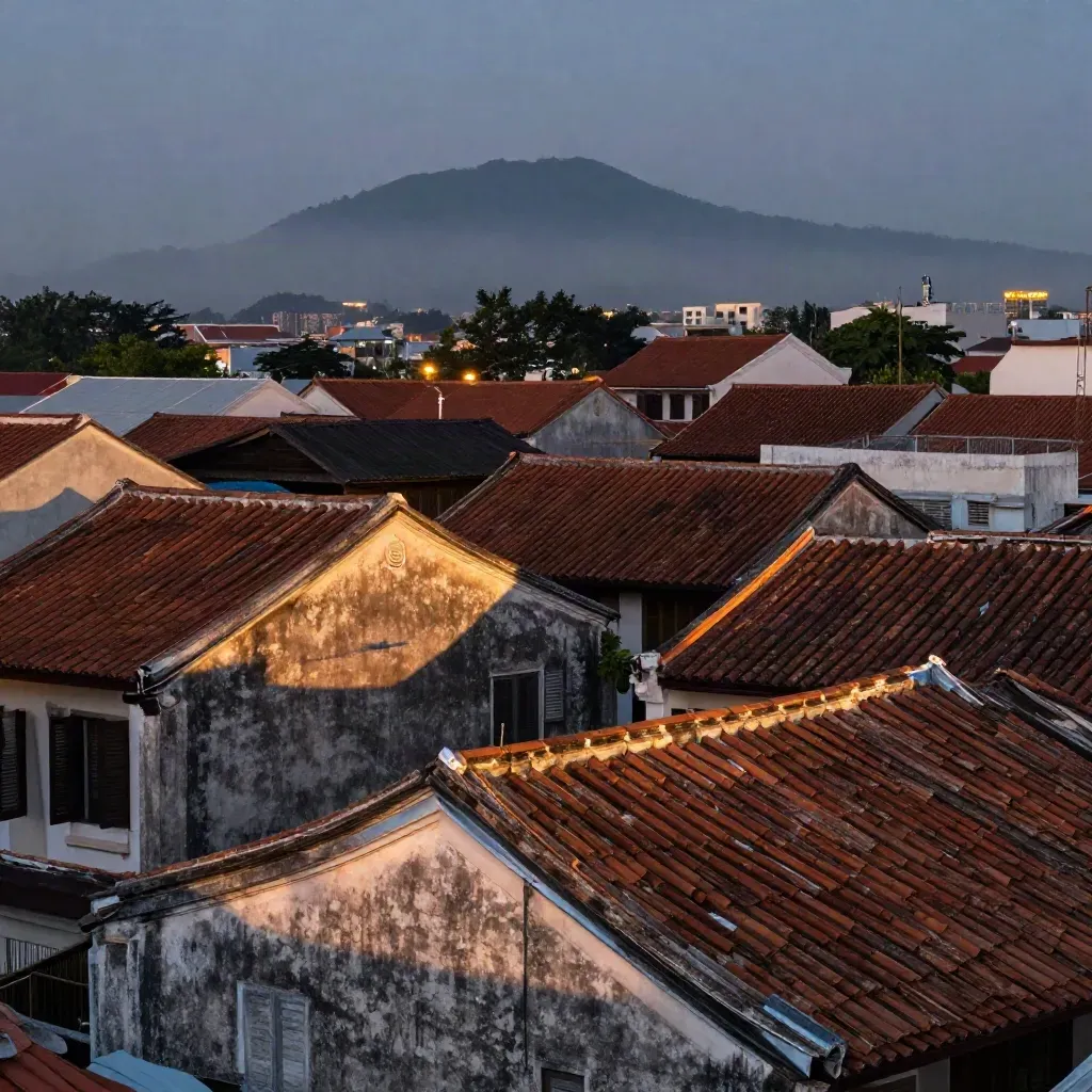 Pemandangan bumbung rumah kedai George Town dengan Bukit Pinang samar dalam kabus laut.