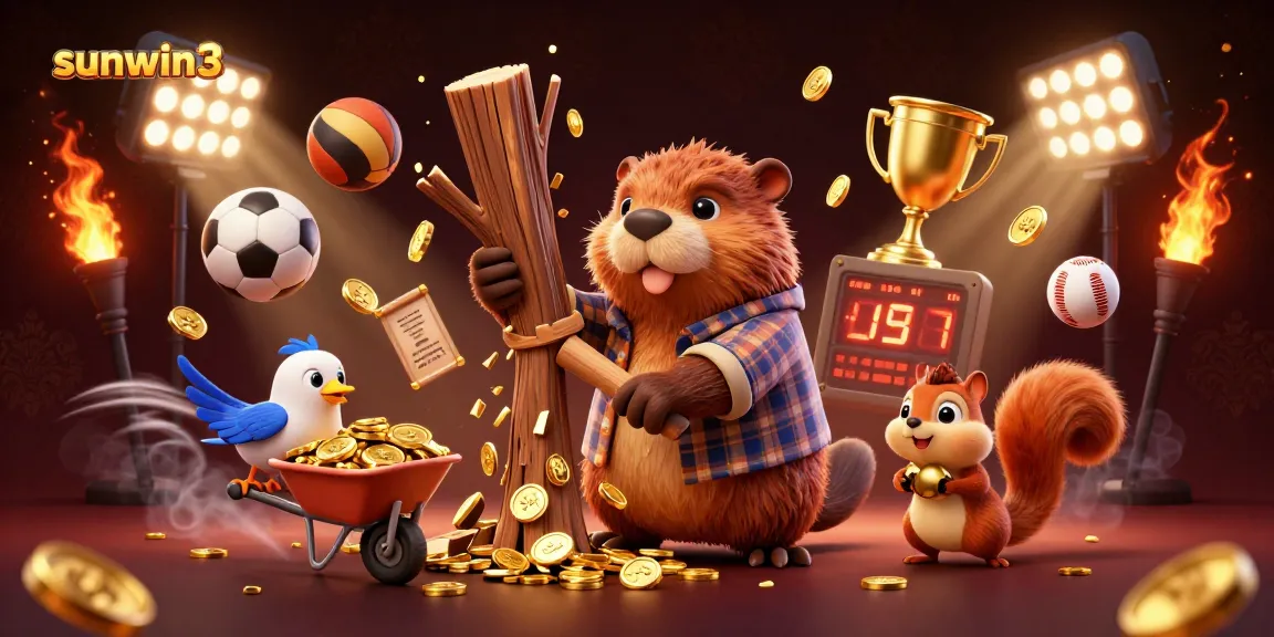 Engage with sunwin3 in a thrilling cartoon scene of playful beavers and gold coins in a vibrant casino atmosphere.