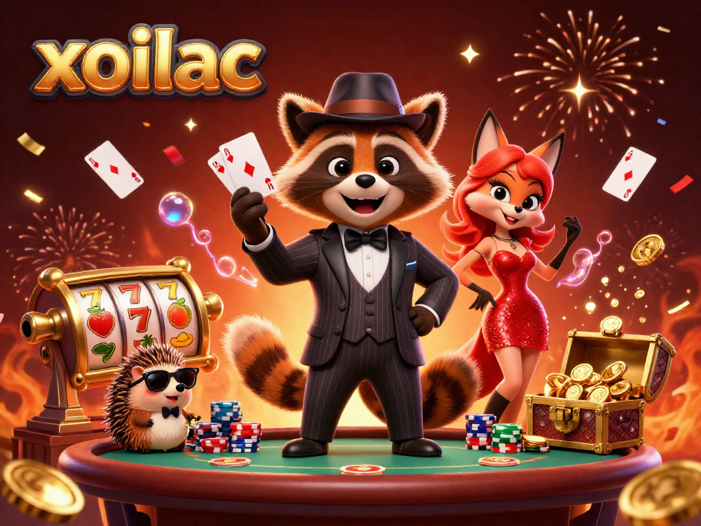 Experience the thrill of xoilac casino with a raccoon and fox at a lively poker table.