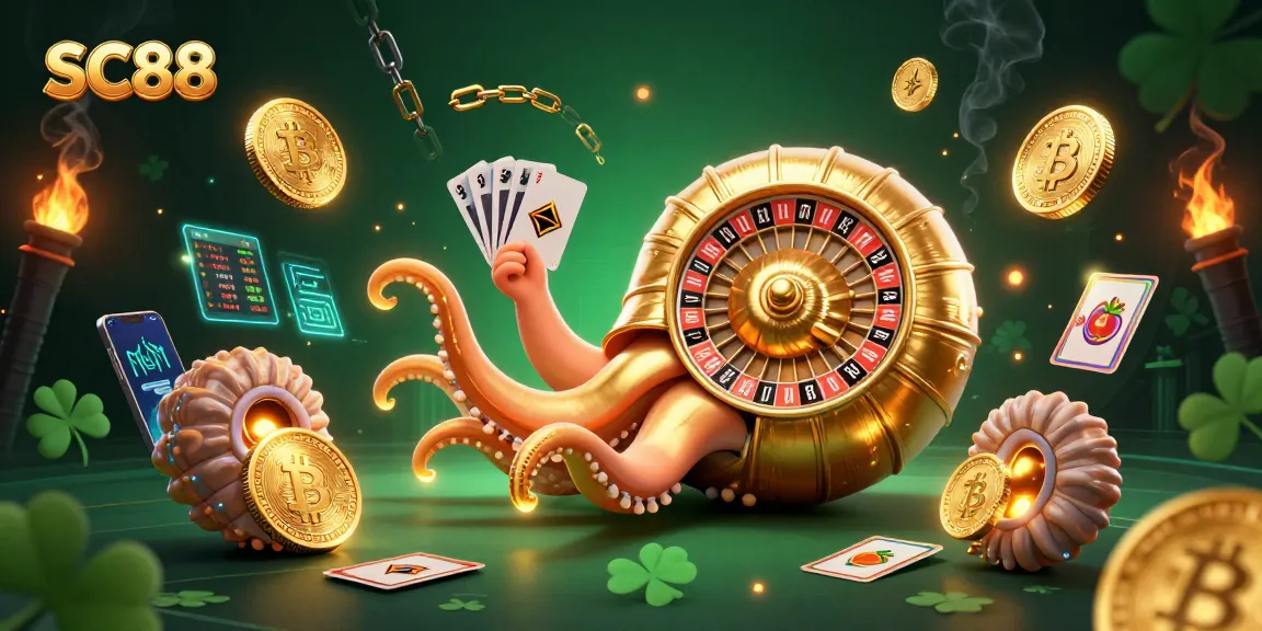 Engage with SC88's vibrant, 3D casino scene featuring a nautilus roulette wheel and glowing crypto elements.