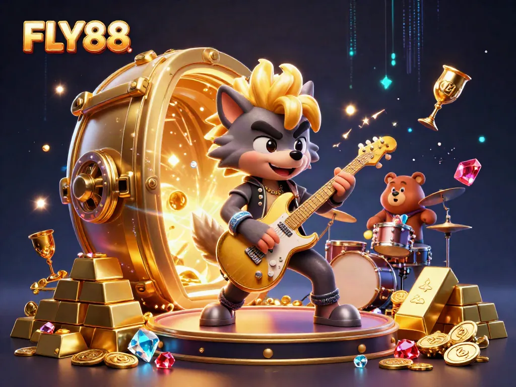 FLY88 captivates players with exhilarating actions on a lively casino stage, featuring vibrant gems and sparkling treasures.