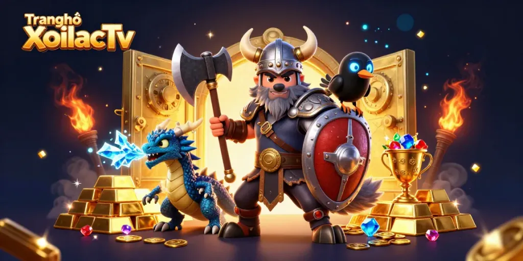 Experience the action with Trang chủ XoilacTv showcasing a vibrant Viking wolf warrior amidst treasure and gaming excitement.