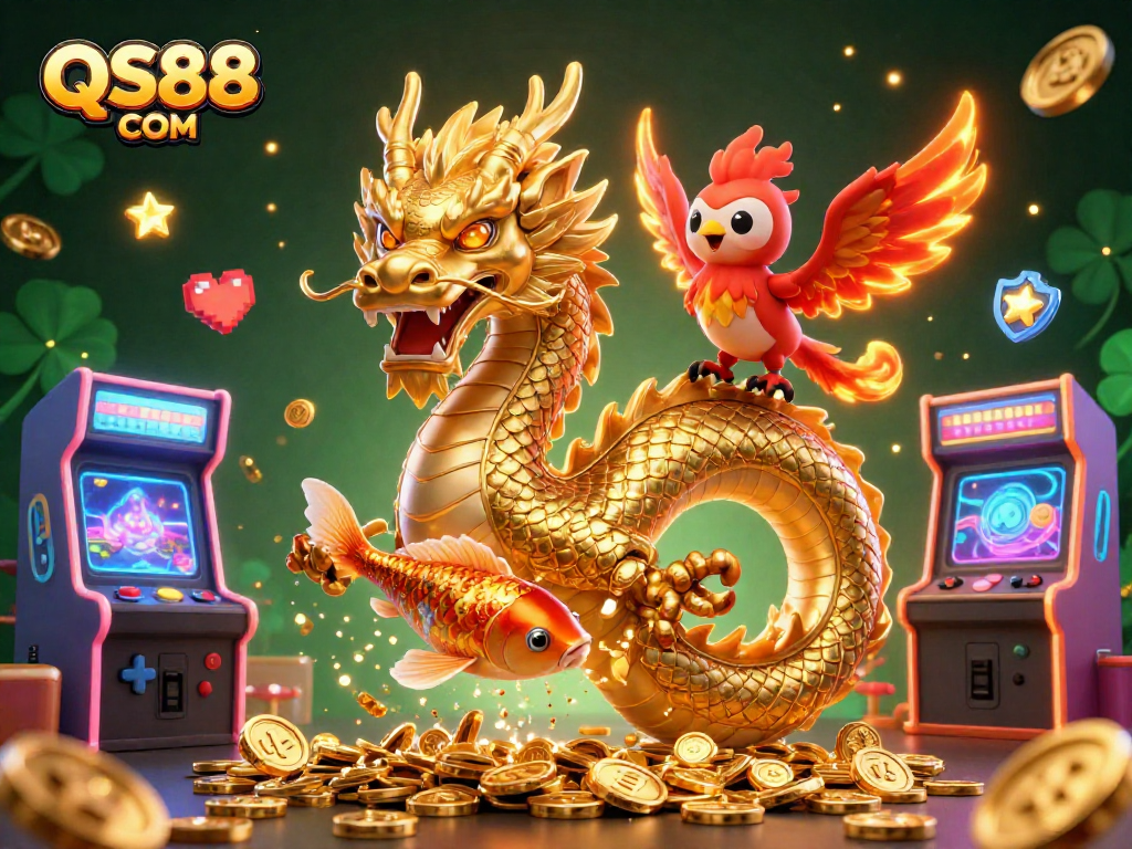Experience the thrill of QS88 COM with a vibrant 3D illustration of dragon and phoenix amidst gaming elements.