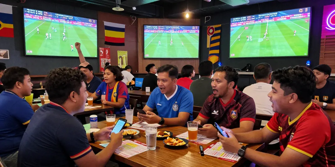 Football betting Malaysia scene at a vibrant sports bar with fans cheering during a match.