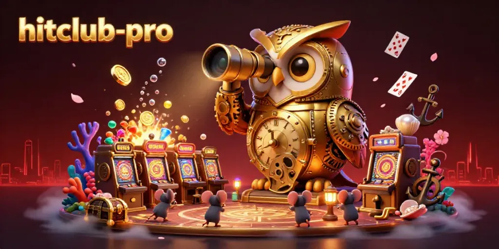 Experience the excitement of hitclub-pro with a whimsical casino scene featuring an interactive golden owl and playful characters.