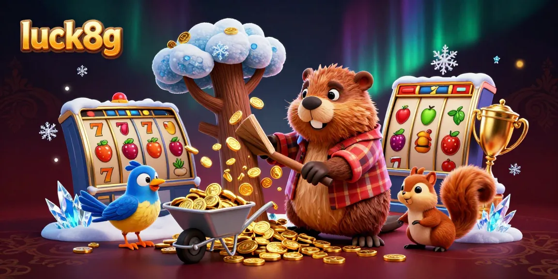 Engaging illustration of luck8g featuring a lively scene with cartoon characters collecting golden coins around slot machines in a casino.