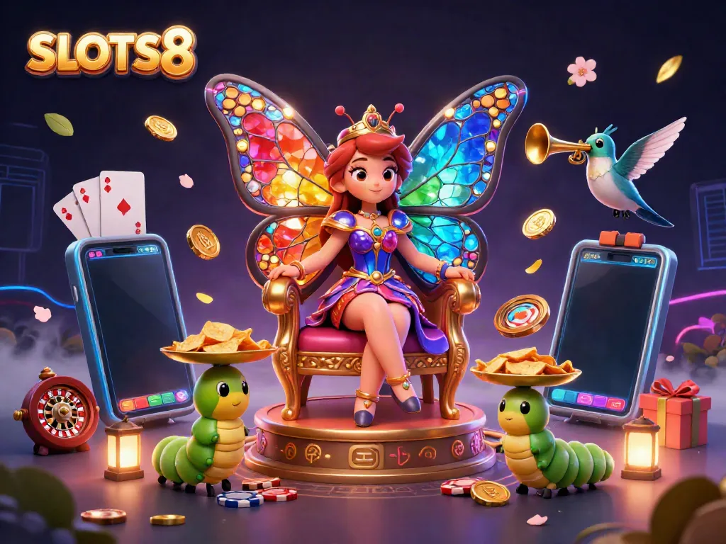 SLOTS8 showcases a vibrant 3D casino scene with a colorful butterfly queen and engaging slot elements.
