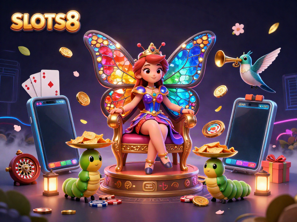 SLOTS8 showcases a vibrant 3D casino scene with a colorful butterfly queen and engaging slot elements.